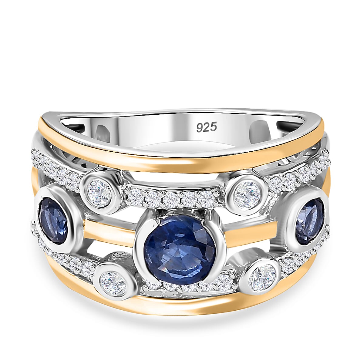 Natural Himalayan Kyanite &amp; Natural Zircon Bubble Ring in Platinum &amp; 18K Vermeil YG Plated Sterling Silver 1.70 Ct, Silver Wt 5.15 GM 7722742 0
