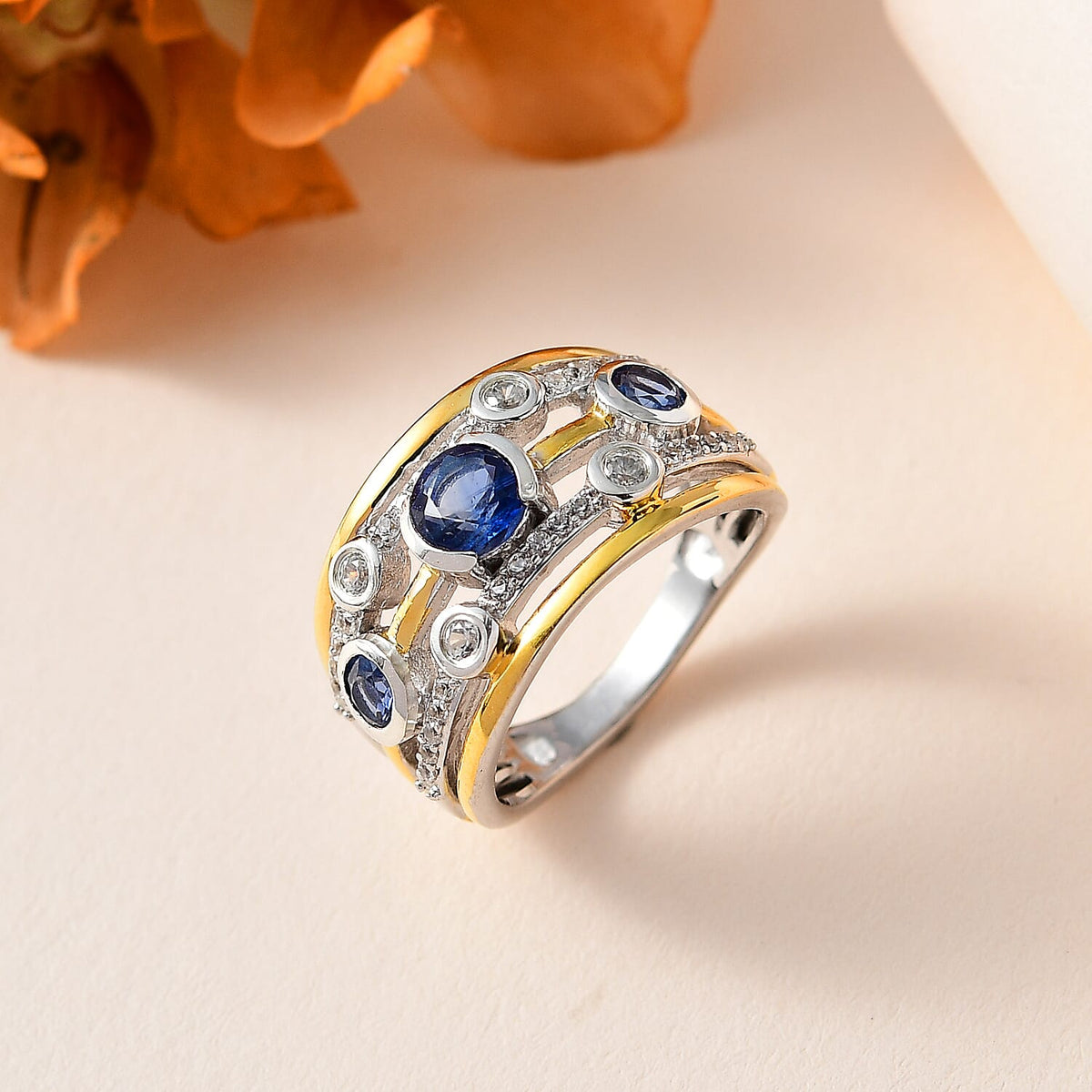 Natural Himalayan Kyanite &amp; Natural Zircon Bubble Ring in Platinum &amp; 18K Vermeil YG Plated Sterling Silver 1.70 Ct, Silver Wt 5.15 GM 7722742 1