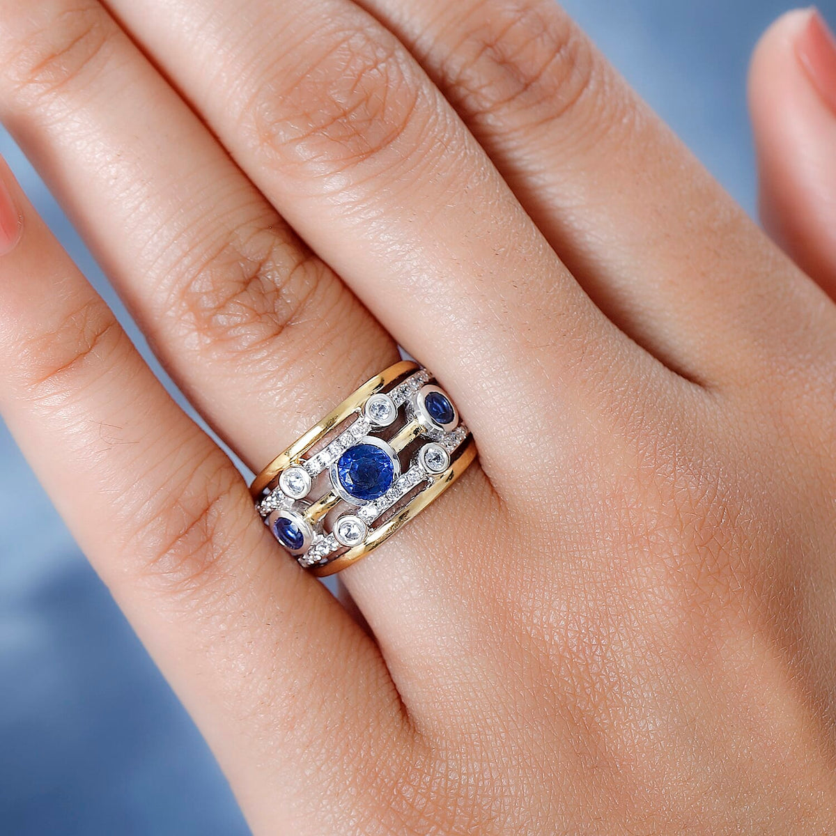 Natural Himalayan Kyanite &amp; Natural Zircon Bubble Ring in Platinum &amp; 18K Vermeil YG Plated Sterling Silver 1.70 Ct, Silver Wt 5.15 GM 7722742 2