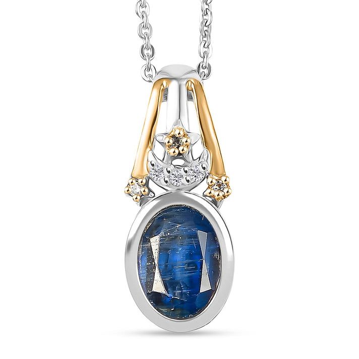 GP - Natural Kashmir Kyanite, White Zircon &amp; Blue Sapphire Pendant with Chain (Size 20) in Rhodium &amp; Yellow Gold Plated Sterling Silver 1.69 Ct. 4451077 1