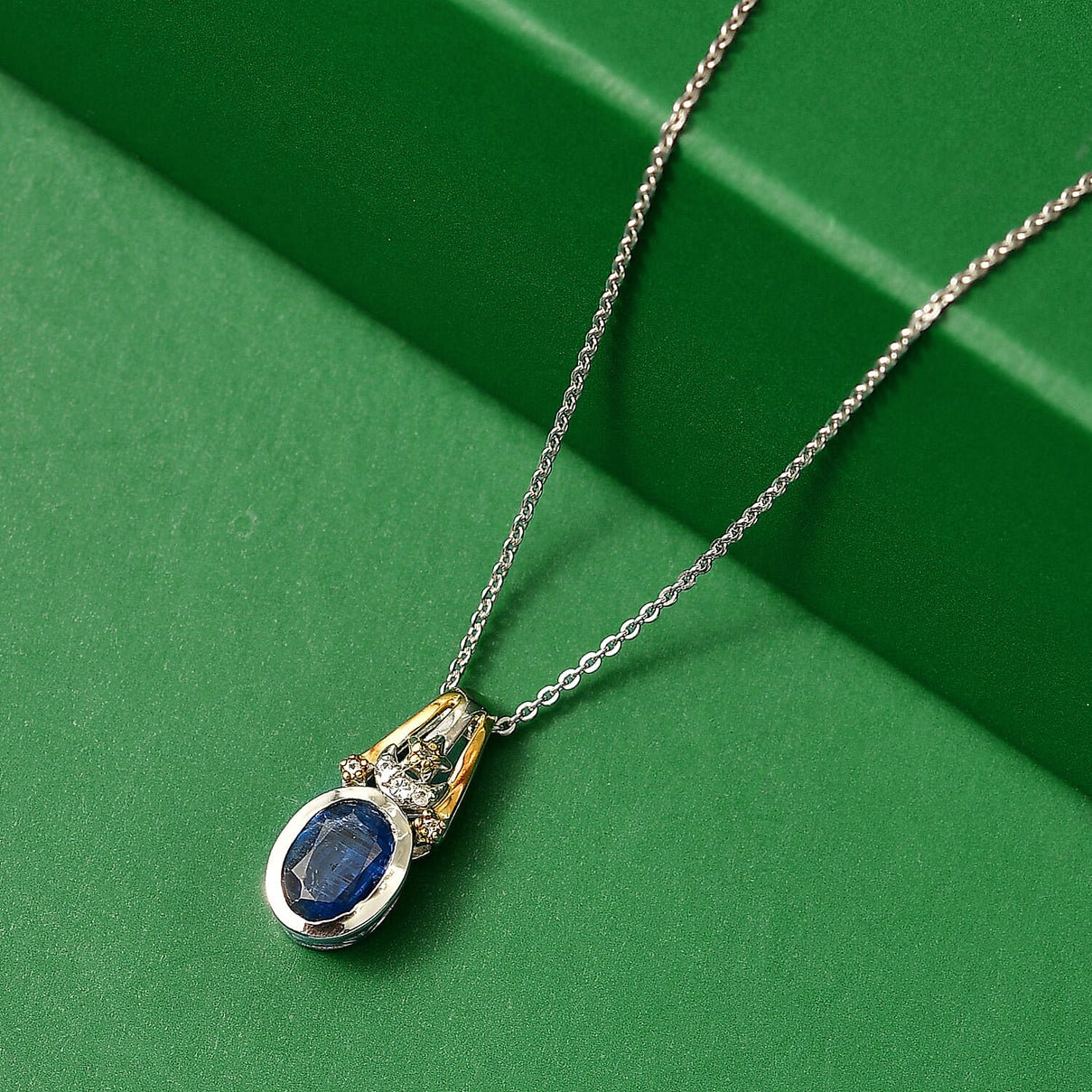 GP - Natural Kashmir Kyanite, White Zircon &amp; Blue Sapphire Pendant with Chain (Size 20) in Rhodium &amp; Yellow Gold Plated Sterling Silver 1.69 Ct. 4451077 2