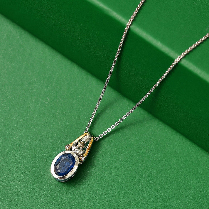 GP - Natural Kashmir Kyanite, White Zircon &amp; Blue Sapphire Pendant with Chain (Size 20) in Rhodium &amp; Yellow Gold Plated Sterling Silver 1.69 Ct. 4451077 2