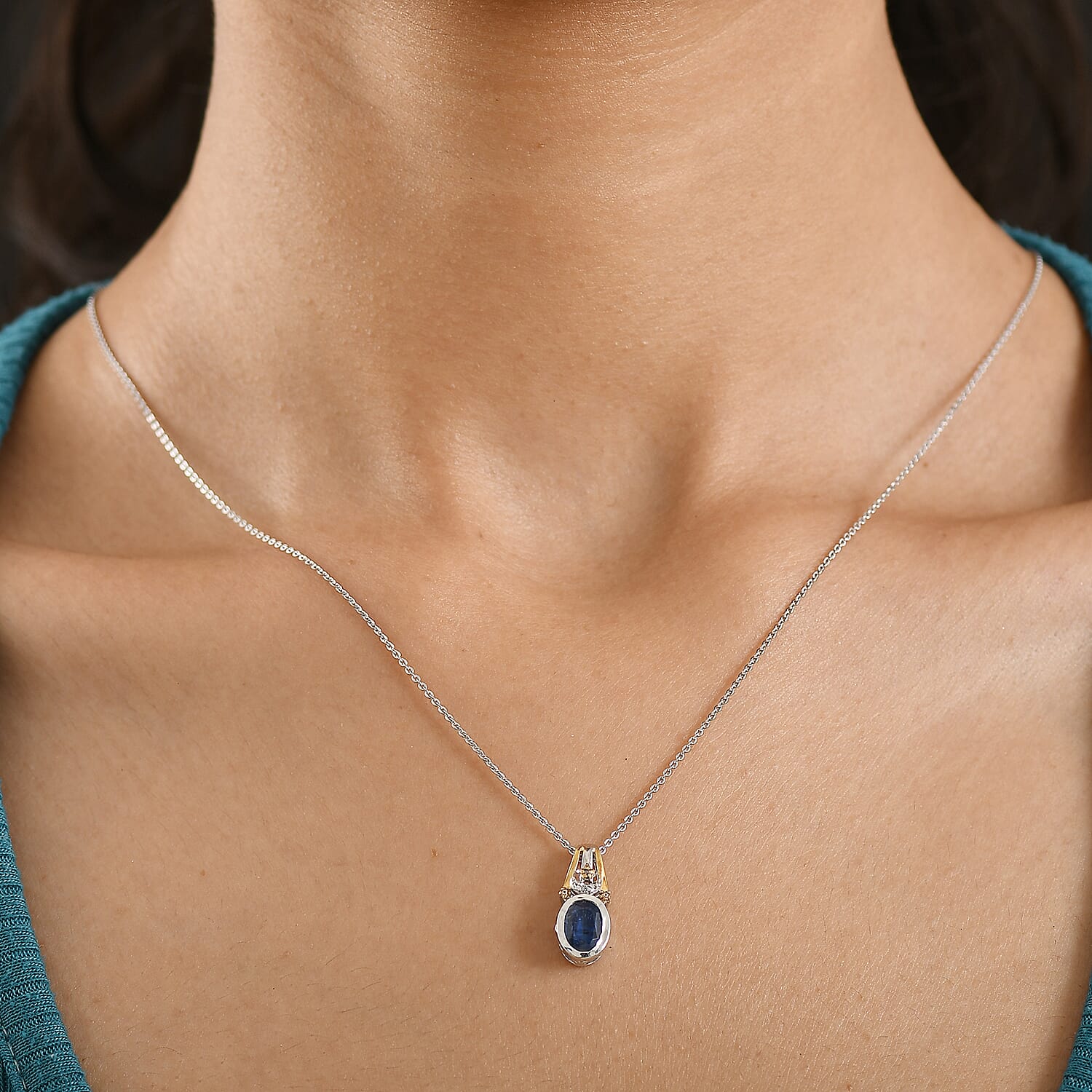 GP - Natural Kashmir Kyanite, White Zircon &amp; Blue Sapphire Pendant with Chain (Size 20) in Rhodium &amp; Yellow Gold Plated Sterling Silver 1.69 Ct. 4451077 3