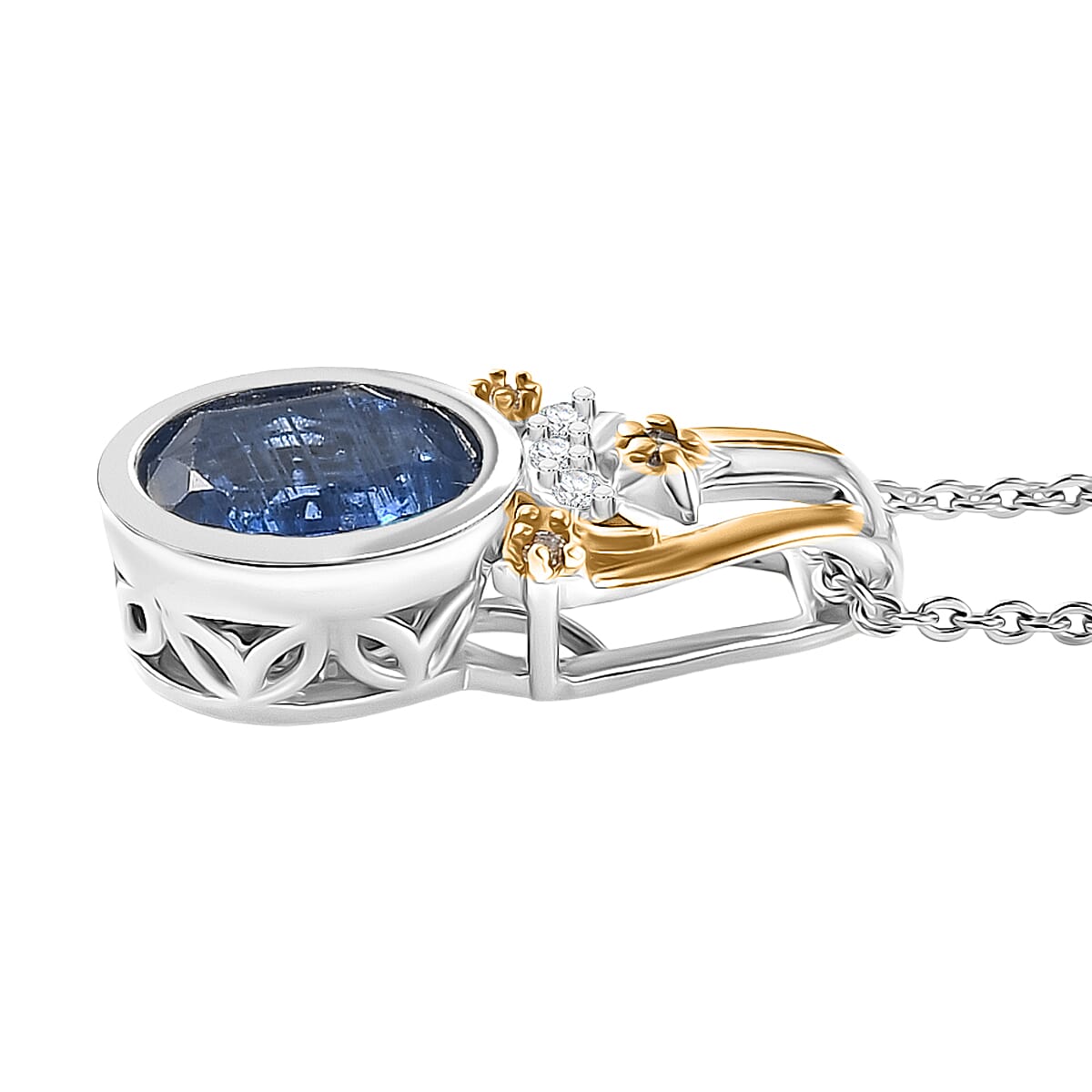 GP - Natural Kashmir Kyanite, White Zircon &amp; Blue Sapphire Pendant with Chain (Size 20) in Rhodium &amp; Yellow Gold Plated Sterling Silver 1.69 Ct. 4451077 4