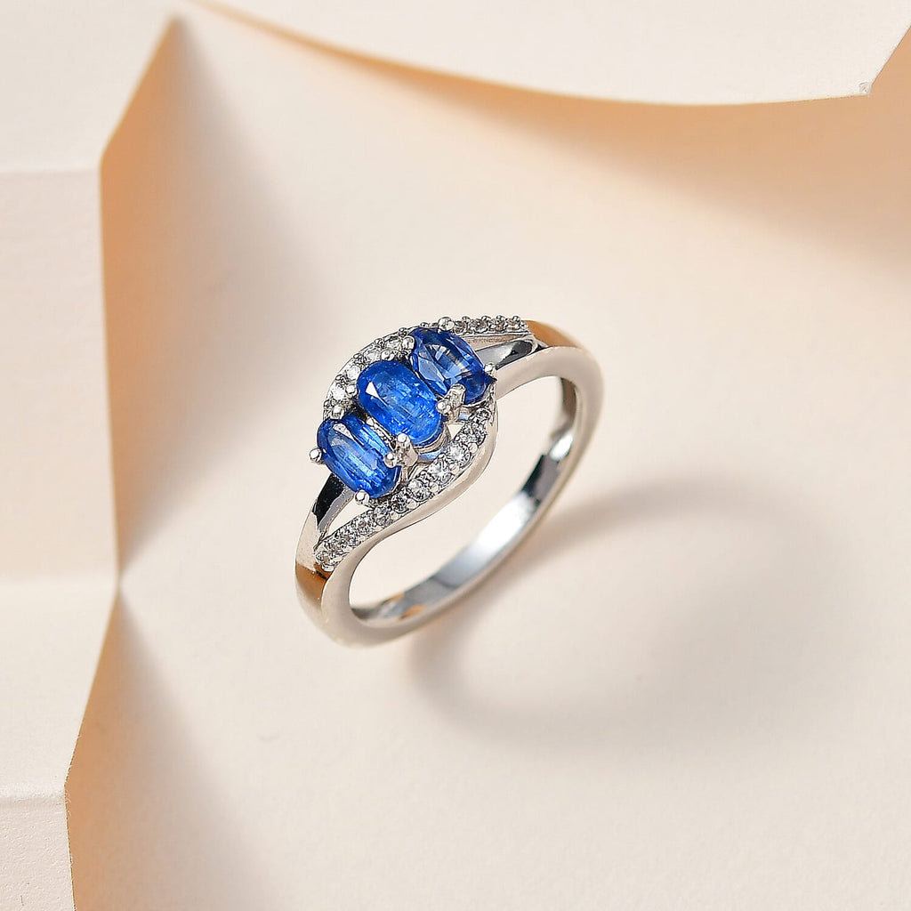 Natural Himalayan Kyanite & Natural Zircon Bypass Ring in Platinum Overlay Sterling Silver 1.20 Ct.