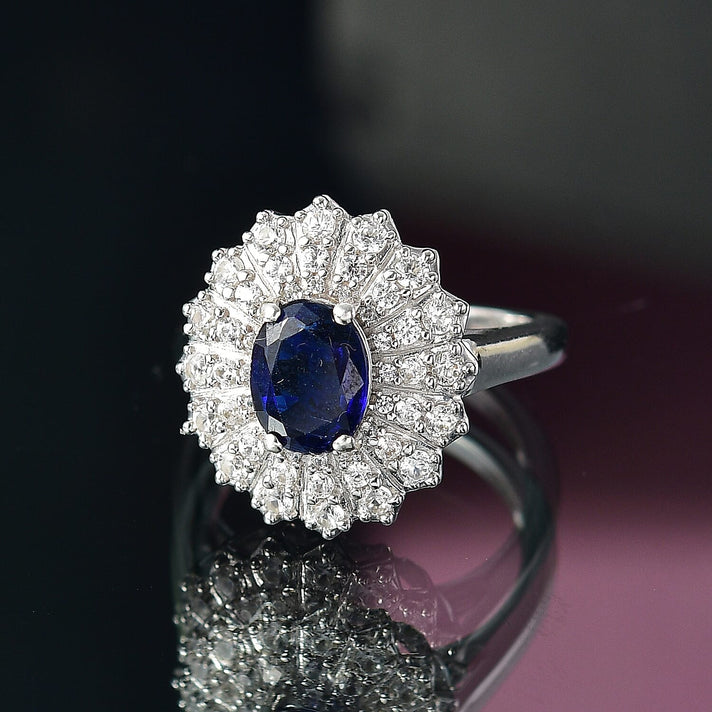 Kyanite, White Zircon Triple Halo Ring in Rhodium Overlay Sterling Silver 2.62 Ct. 8080456 2