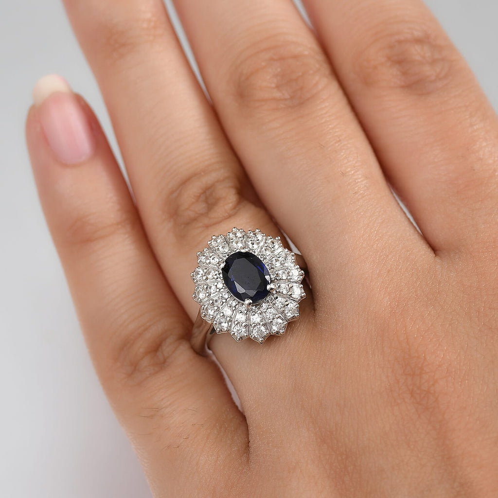 Natural Kashmir Kyanite & White Zircon Halo Ring in Rhodium Overlay Sterling Silver 2.62 Ct.