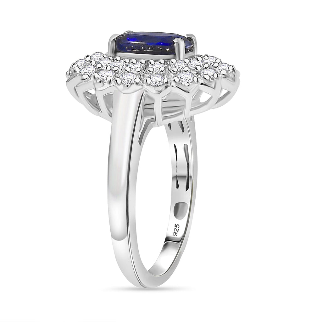 Natural Kashmir Kyanite & White Zircon Halo Ring in Rhodium Overlay Sterling Silver 2.62 Ct.