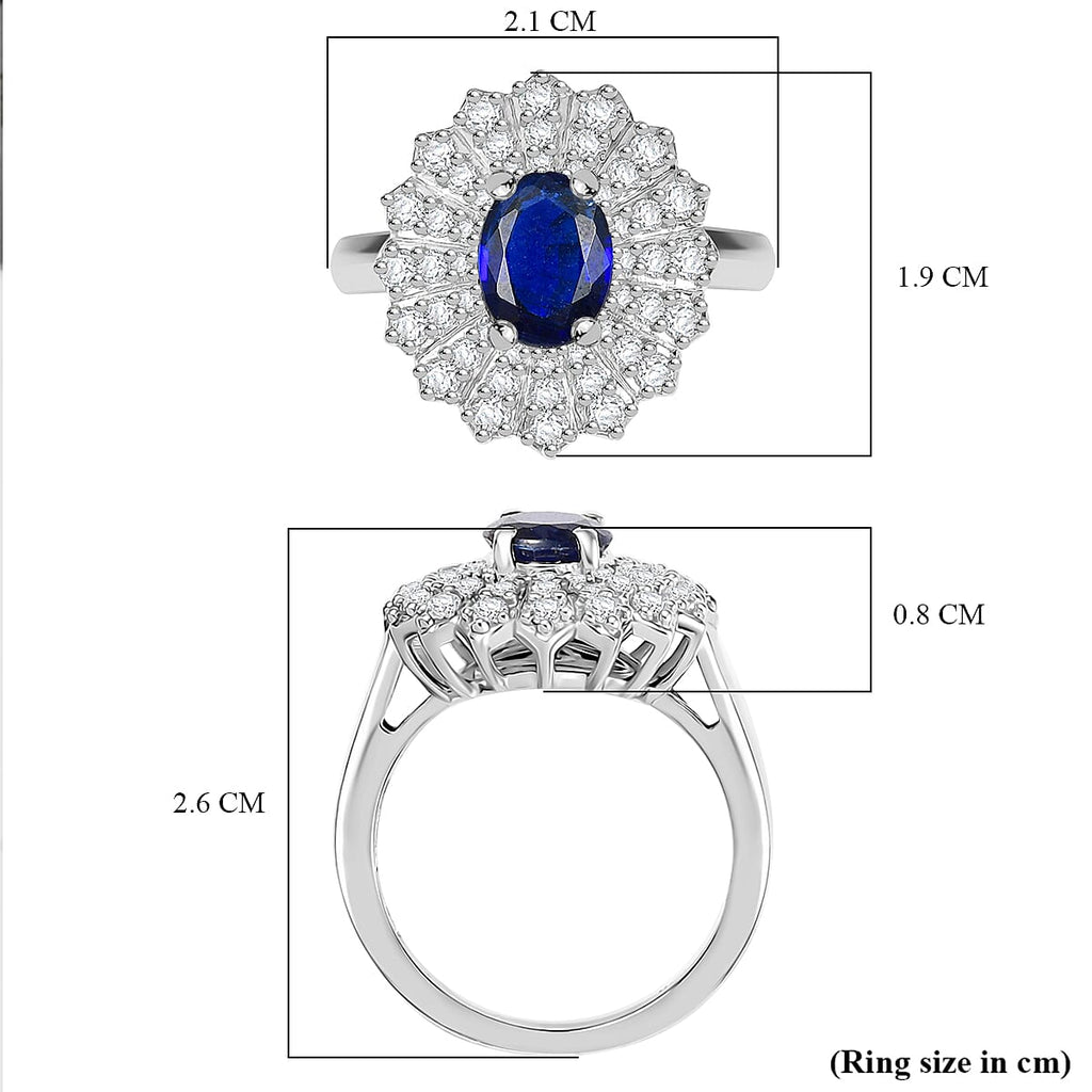 Natural Kashmir Kyanite & White Zircon Halo Ring in Rhodium Overlay Sterling Silver 2.62 Ct.