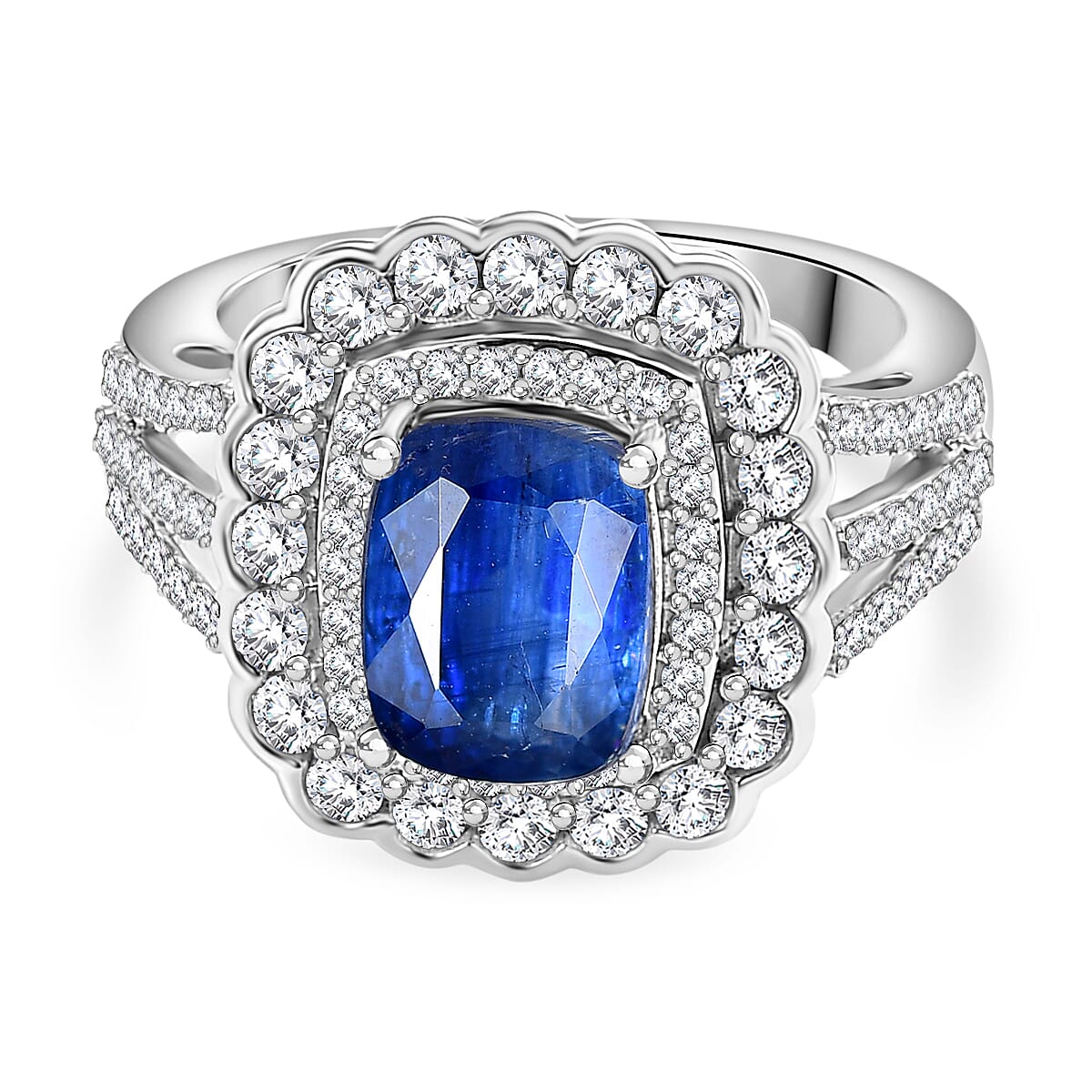 Natural AAA Kashmir Kyanite, White Zircon Halo Ring in Rhodium Overlay Sterling Silver 4.60 Ct. 7857172 0