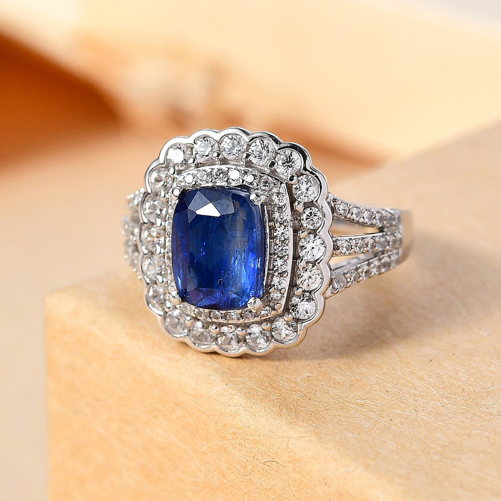 Extreme Rare Find - Natural AAA Kashmir Kyanite & White Zircon Cluster Halo Ring in Rhodium Overlay Sterling Silver 4.46 Ct.