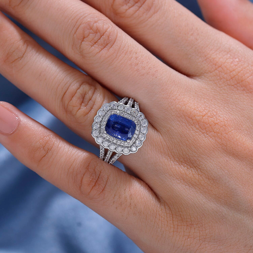 Extreme Rare Find - Natural AAA Kashmir Kyanite & White Zircon Cluster Halo Ring in Rhodium Overlay Sterling Silver 4.46 Ct.