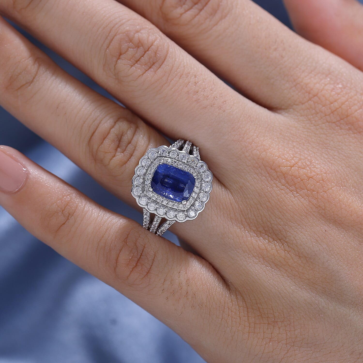 Natural AAA Kashmir Kyanite, White Zircon Halo Ring in Rhodium Overlay Sterling Silver 4.60 Ct. 7857172 3