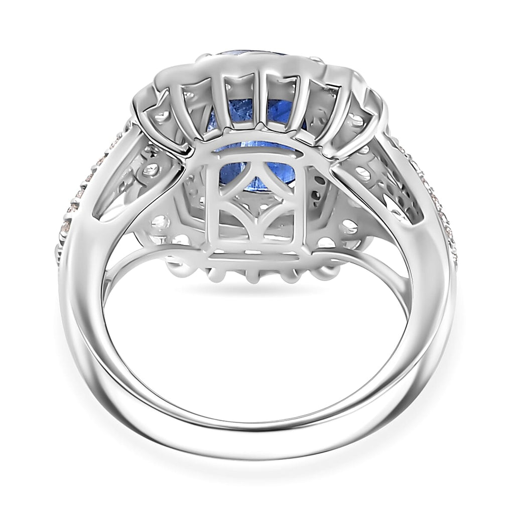 Extreme Rare Find - Natural AAA Kashmir Kyanite & White Zircon Cluster Halo Ring in Rhodium Overlay Sterling Silver 4.46 Ct.