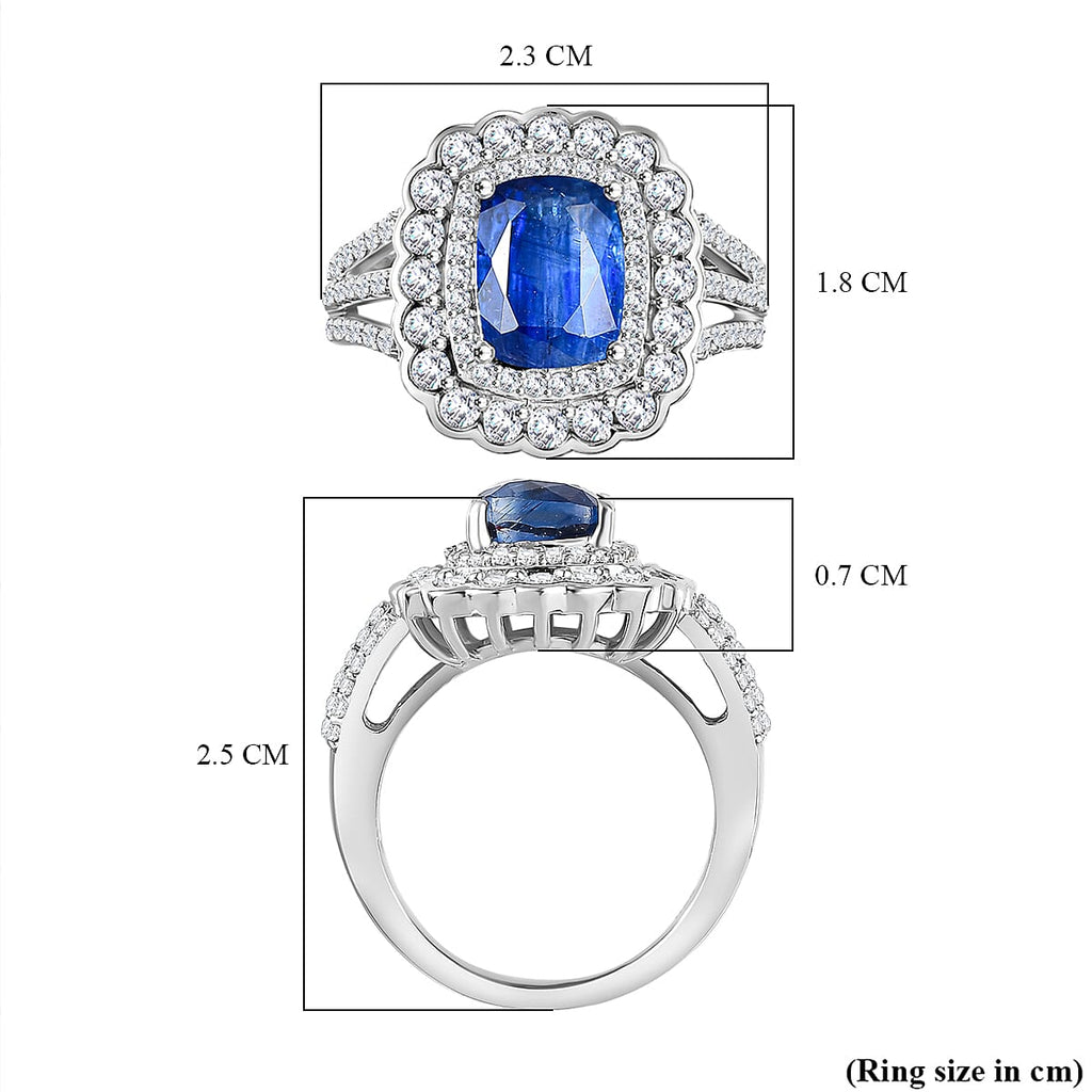 Extreme Rare Find - Natural AAA Kashmir Kyanite & White Zircon Cluster Halo Ring in Rhodium Overlay Sterling Silver 4.46 Ct.