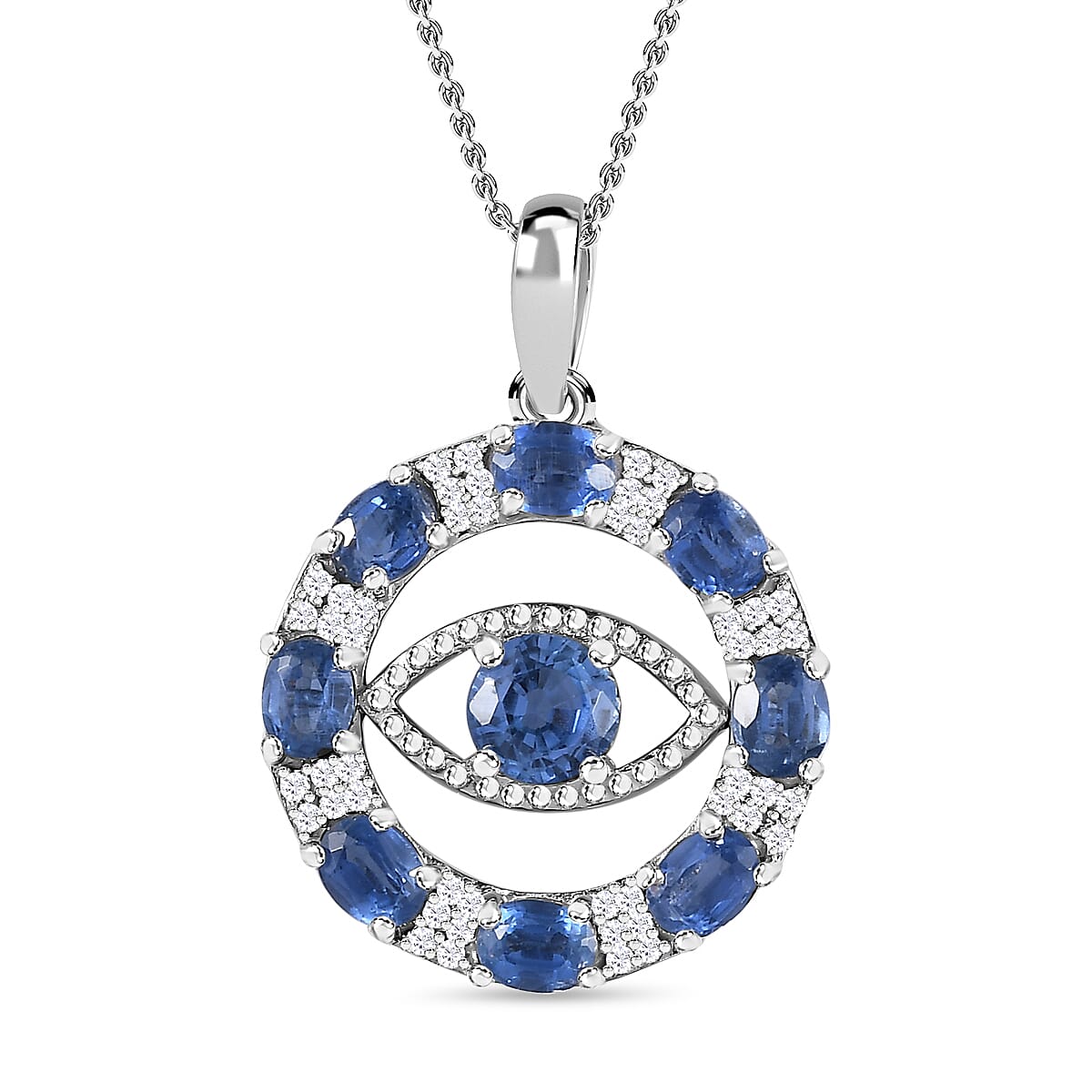 Natural Himalayan Kyanite &amp; White Zircon Eye Pendant with Chain (Size 20) in Platinum Overlay Sterling Silver 2.90 Ct. 4252231 0