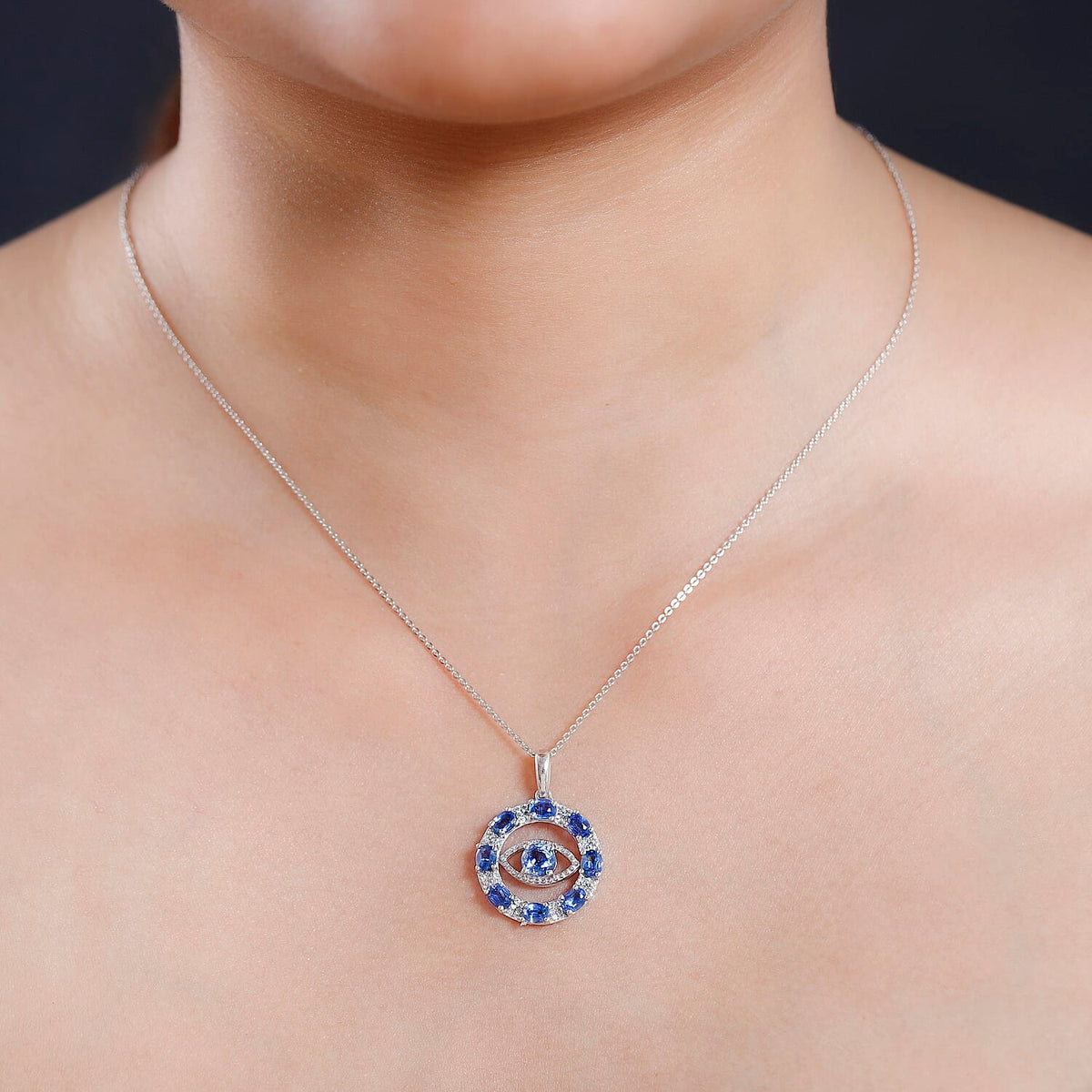 Natural Himalayan Kyanite &amp; White Zircon Eye Pendant with Chain (Size 20) in Platinum Overlay Sterling Silver 2.90 Ct. 4252231 1