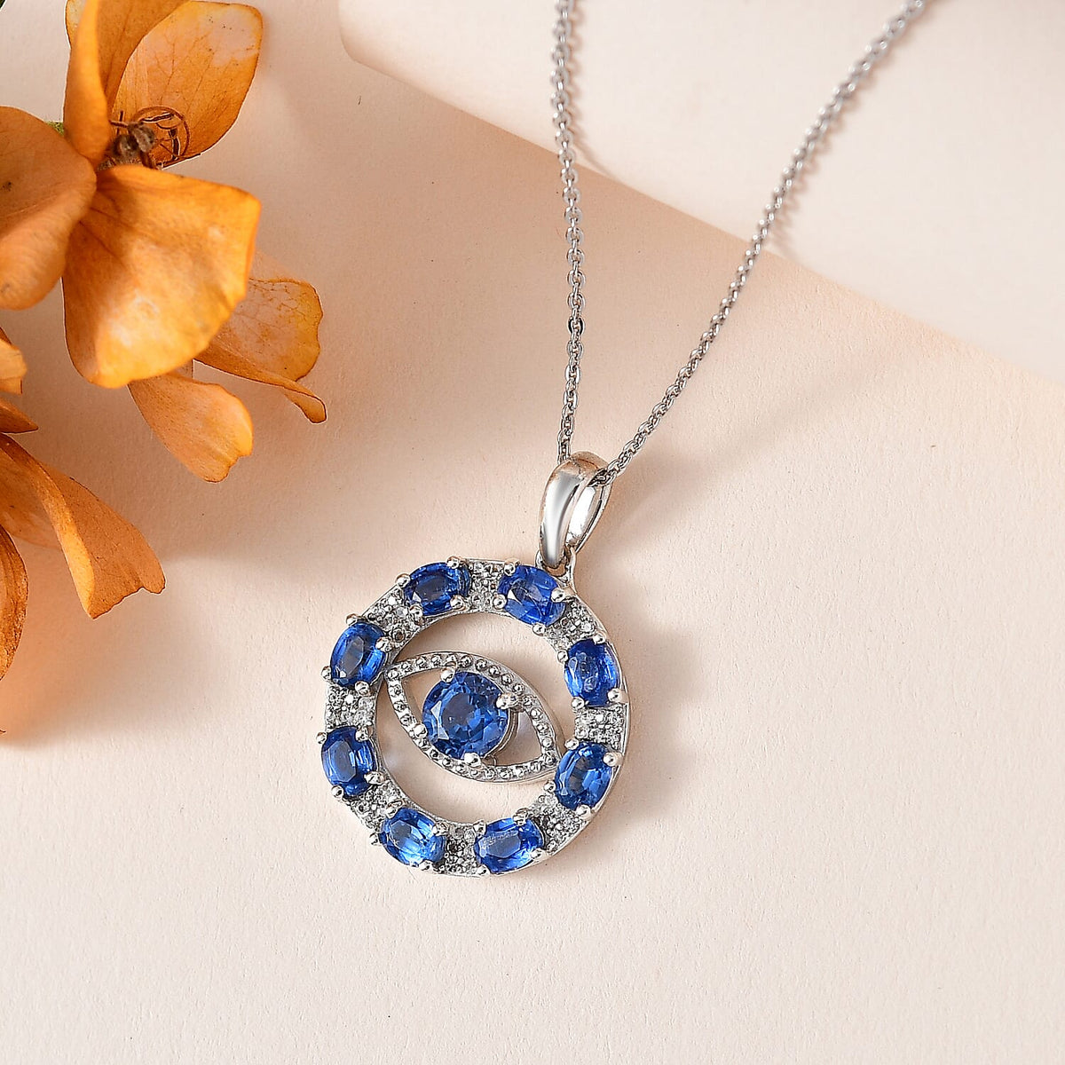 Natural Himalayan Kyanite &amp; White Zircon Eye Pendant with Chain (Size 20) in Platinum Overlay Sterling Silver 2.90 Ct. 4252231 2