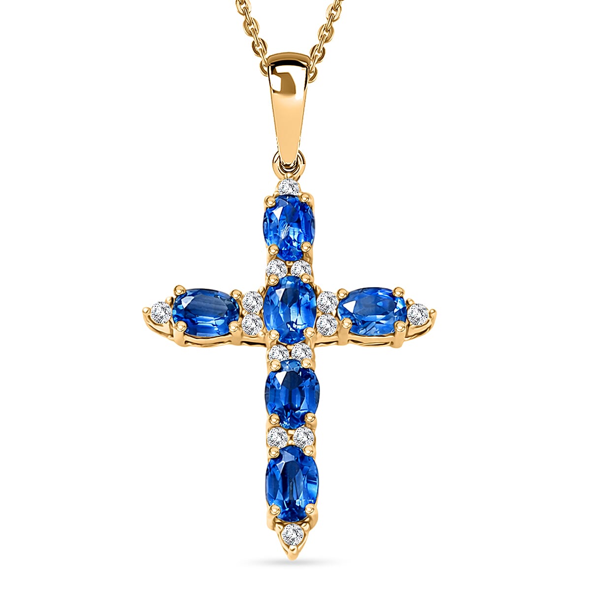 D'Joy AAA Natural Kashmir Kyanite &amp; White Zircon Cross Pendant with Chain (Size 20) in Yellow Gold Plated Sterling Silver 1.73 Ct. 4453470 0