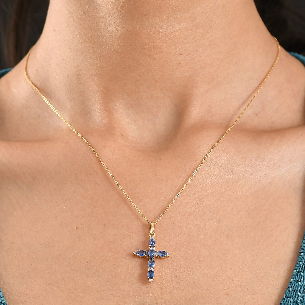 D'Joy AAA Natural Kashmir Kyanite & White Zircon Cross Pendant with Chain (Size 20) in Yellow Gold Plated Sterling Silver 1.73 Ct.