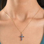 D'Joy AAA Natural Kashmir Kyanite & White Zircon Cross Pendant with Chain (Size 20) in Yellow Gold Plated Sterling Silver 1.73 Ct.