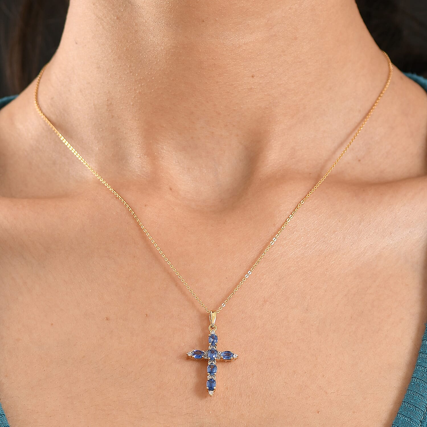 D'Joy AAA Natural Kashmir Kyanite &amp; White Zircon Cross Pendant with Chain (Size 20) in Yellow Gold Plated Sterling Silver 1.73 Ct. 4453470 2