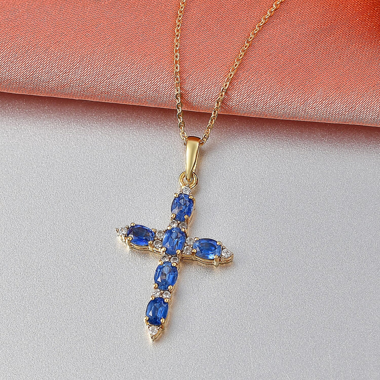 D'Joy AAA Natural Kashmir Kyanite &amp; White Zircon Cross Pendant with Chain (Size 20) in Yellow Gold Plated Sterling Silver 1.73 Ct. 4453470 3