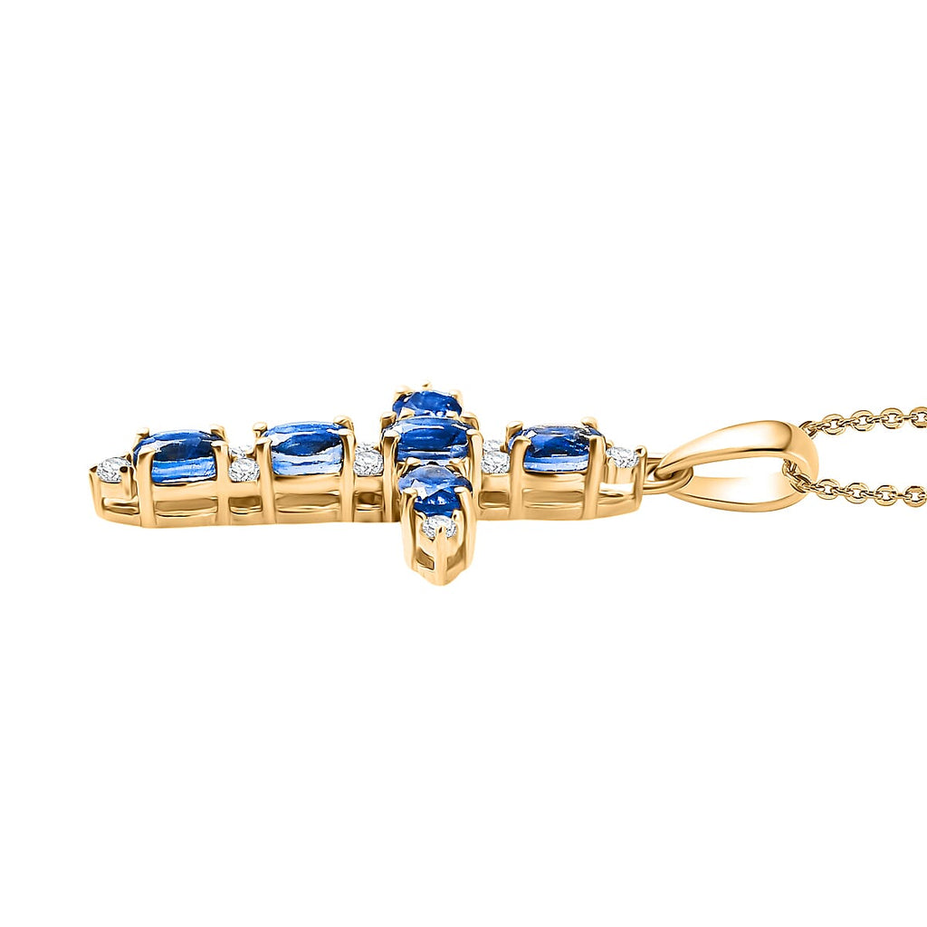 D'Joy AAA Natural Kashmir Kyanite & White Zircon Cross Pendant with Chain (Size 20) in Yellow Gold Plated Sterling Silver 1.73 Ct.