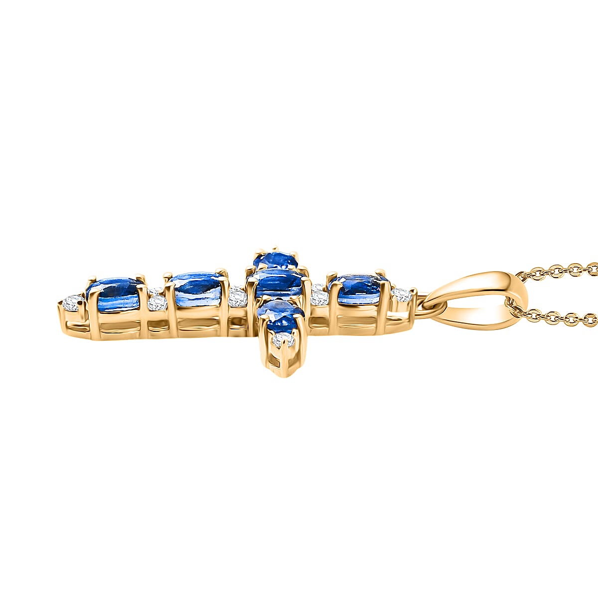 D'Joy AAA Natural Kashmir Kyanite &amp; White Zircon Cross Pendant with Chain (Size 20) in Yellow Gold Plated Sterling Silver 1.73 Ct. 4453470 4
