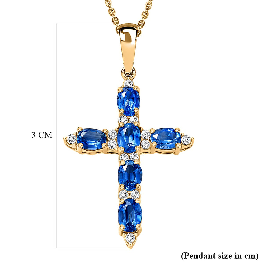 D'Joy AAA Natural Kashmir Kyanite & White Zircon Cross Pendant with Chain (Size 20) in Yellow Gold Plated Sterling Silver 1.73 Ct.