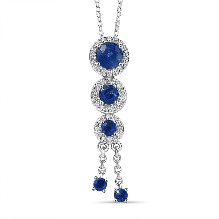 D'Joy AAA Natural Kashmir Kyanite &amp; White Zircon Graduated Drop Pendant with Chain (Size 20) in Rhodium Overlay Sterling Silver 1.80 Ct. 4453712 1