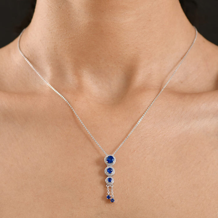 D'Joy AAA Natural Kashmir Kyanite &amp; White Zircon Graduated Drop Pendant with Chain (Size 20) in Rhodium Overlay Sterling Silver 1.80 Ct. 4453712 2