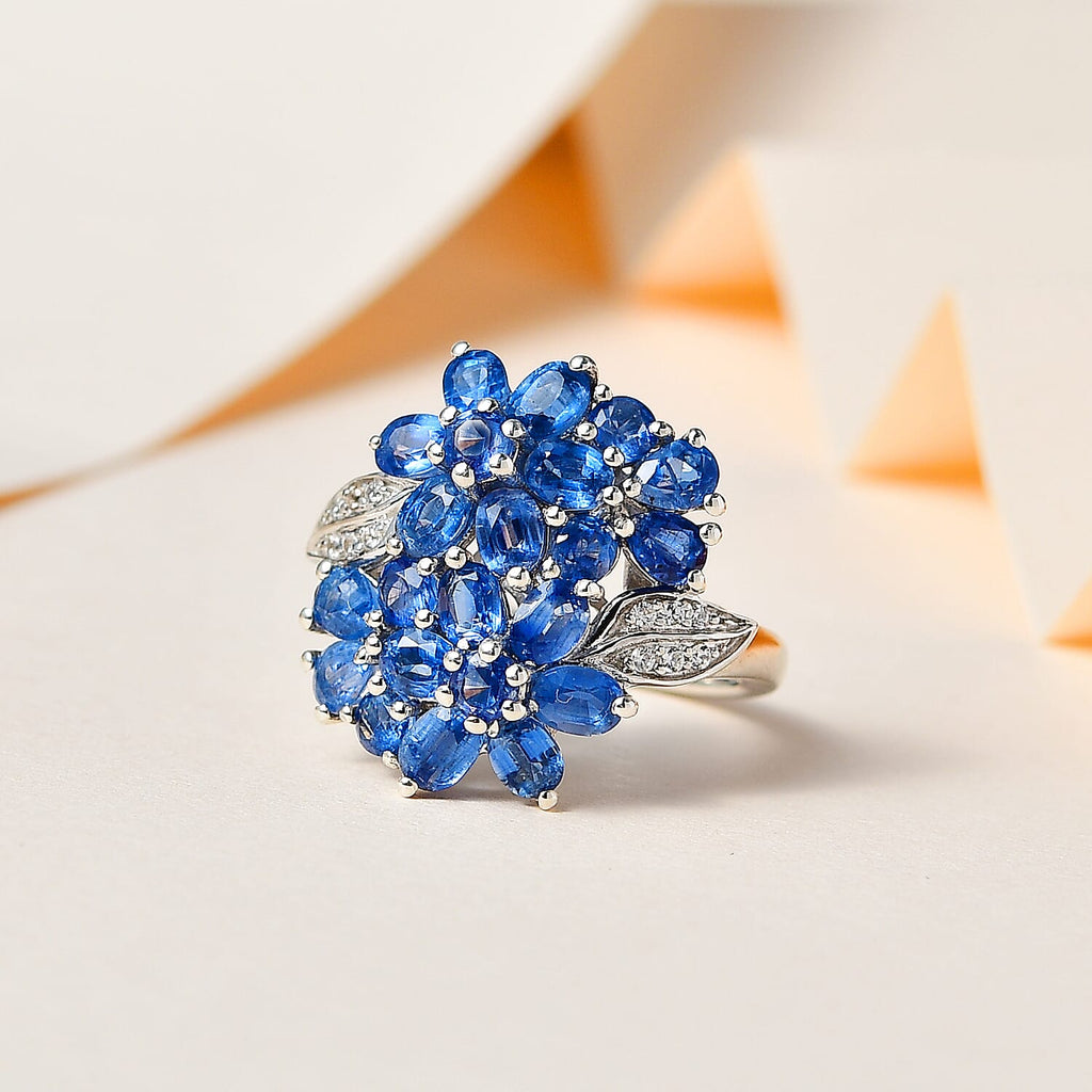 Natural Himalayan Kyanite & Natural Zircon Floral Ring in Platinum Overlay Sterling Silver 4.75 Ct.