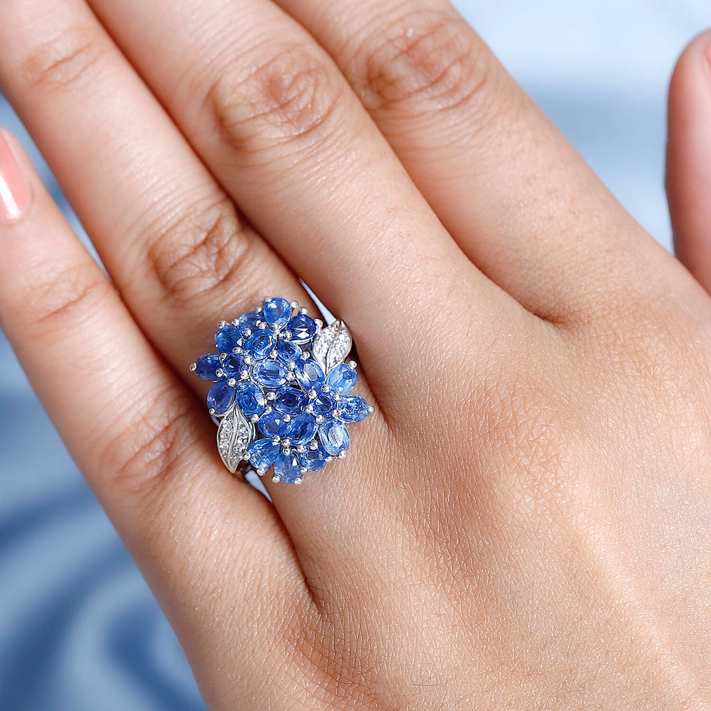 Natural Himalayan Kyanite & Natural Zircon Floral Ring in Platinum Overlay Sterling Silver 4.75 Ct.