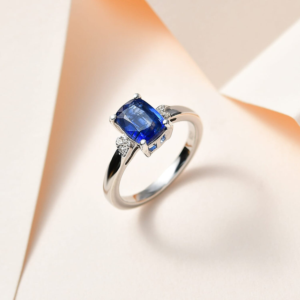 Natural Himalayan Kyanite & Natural Zircon Ring in Platinum Overlay Sterling Silver 1.80 Ct.