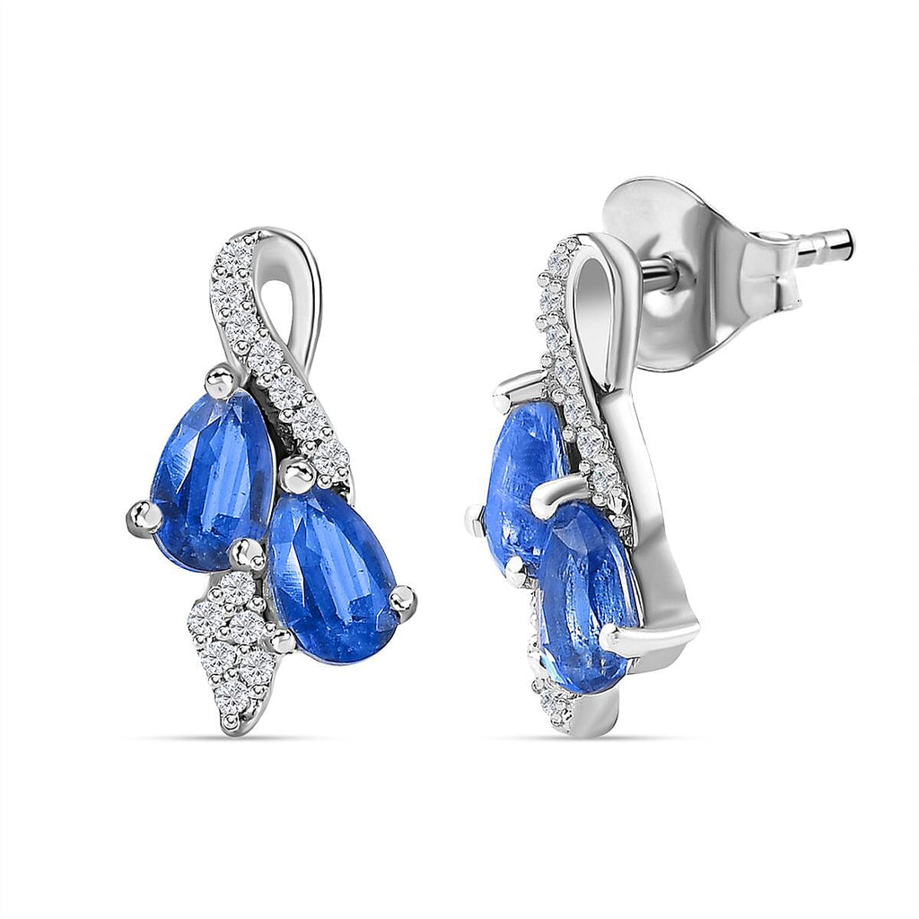 Natural Himalayan Kyanite & Natural Zircon Stud Earrings in Platinum Overlay Sterling Silver 1.30 Ct.
