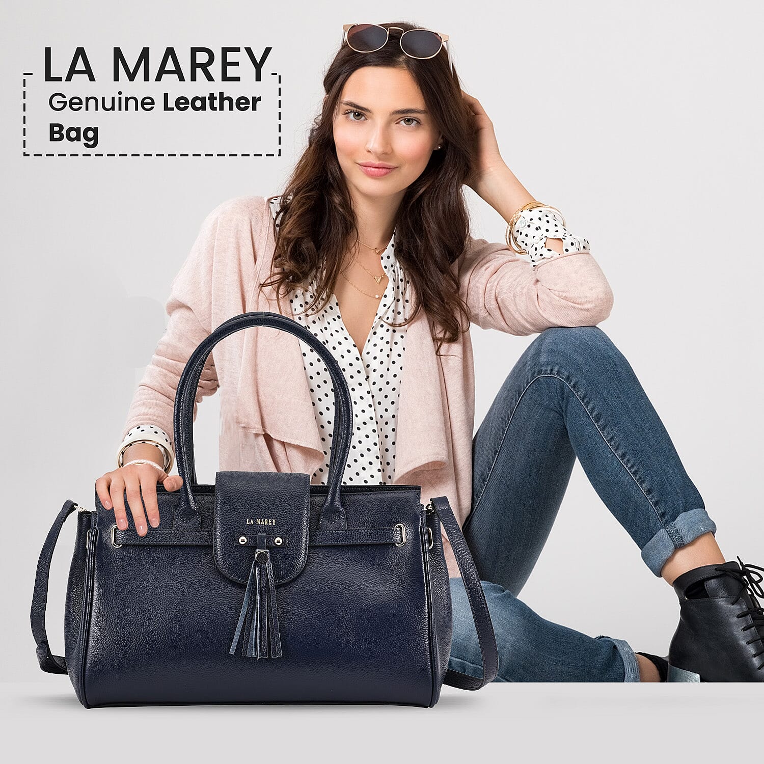 La Marey 100% Genuine Leather Convertible Jenny Bag with Detachable Long Strap - Navy 8945441 2
