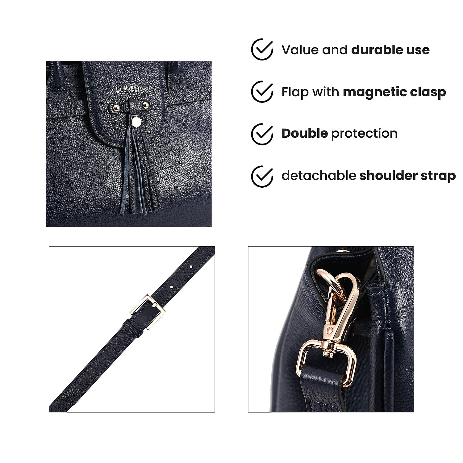 La Marey 100% Genuine Leather Convertible Jenny Bag with Detachable Long Strap - Navy 8945441 4