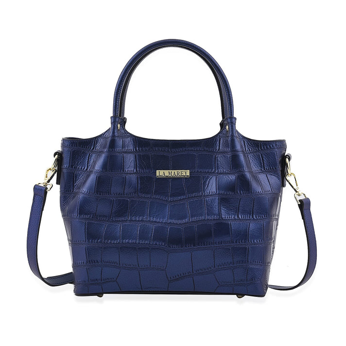 LA MAREY 100% Genuine Leather Croc Embossed Convertible Bag with Detachable Strap - Metallic Blue 7134115 1