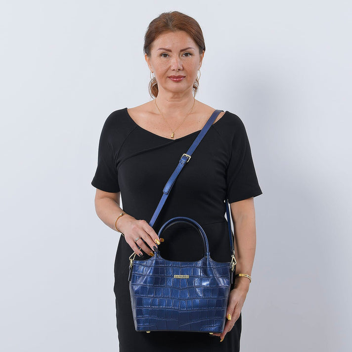 LA MAREY 100% Genuine Leather Croc Embossed Convertible Bag with Detachable Strap - Metallic Blue 7134115 2