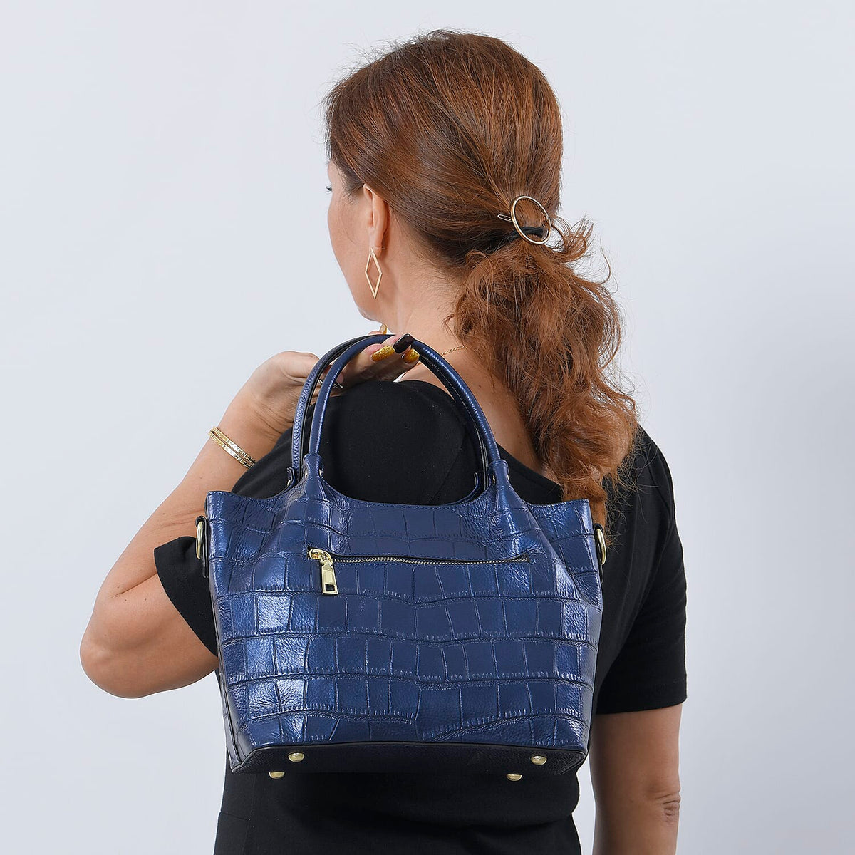 LA MAREY 100% Genuine Leather Croc Embossed Convertible Bag with Detachable Strap - Metallic Blue 7134115 3