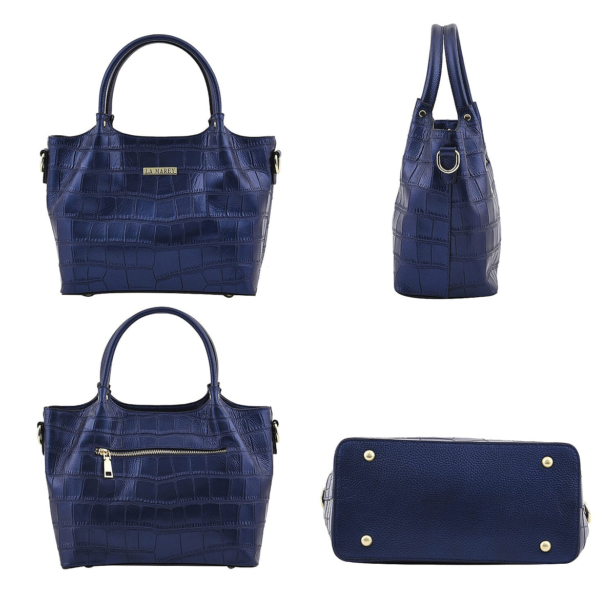 LA MAREY 100% Genuine Leather Croc Embossed Convertible Bag with Detachable Strap - Metallic Blue 7134115 4