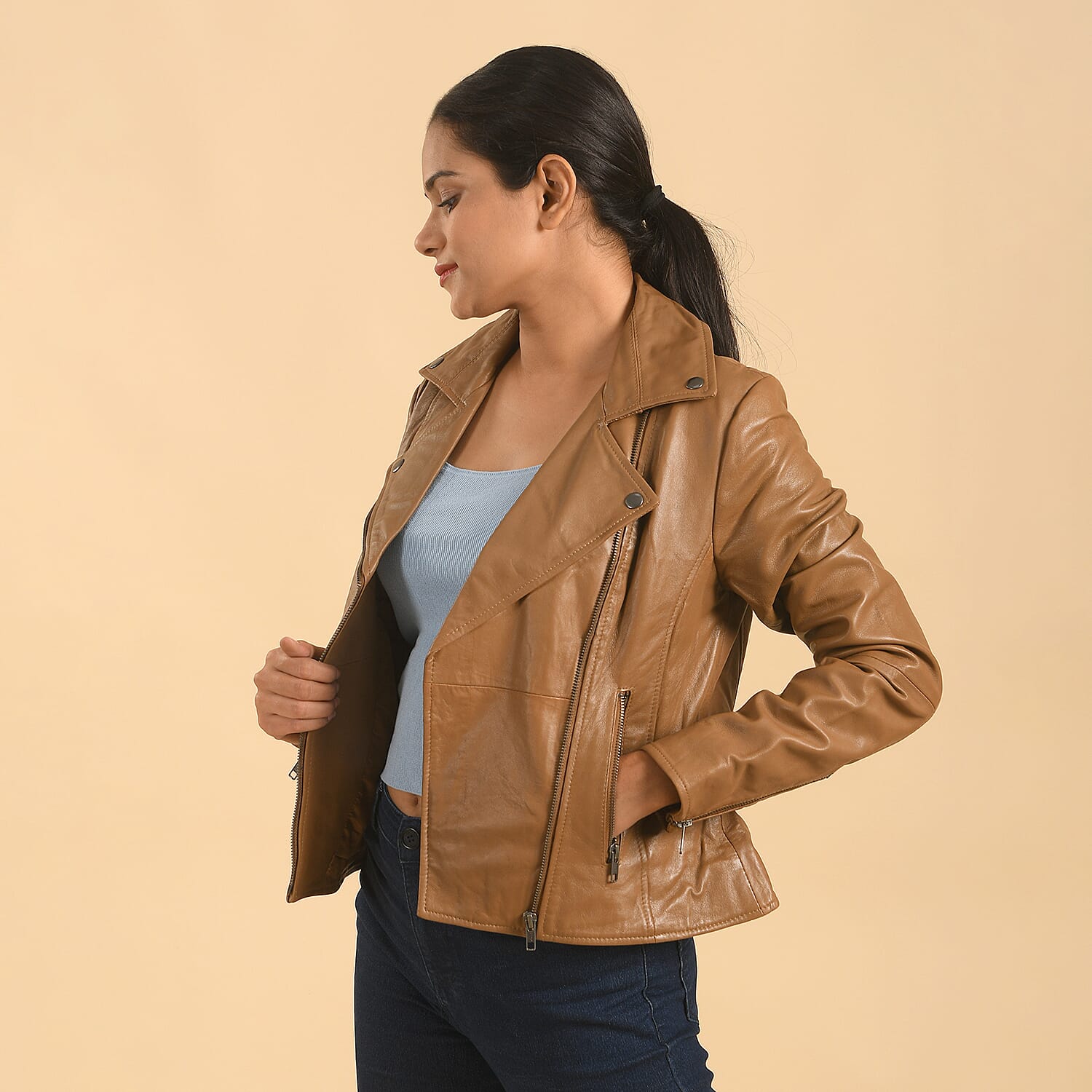 LA MAREY 100% Genuine Leather Jacket for Women - Tan 7885615 3