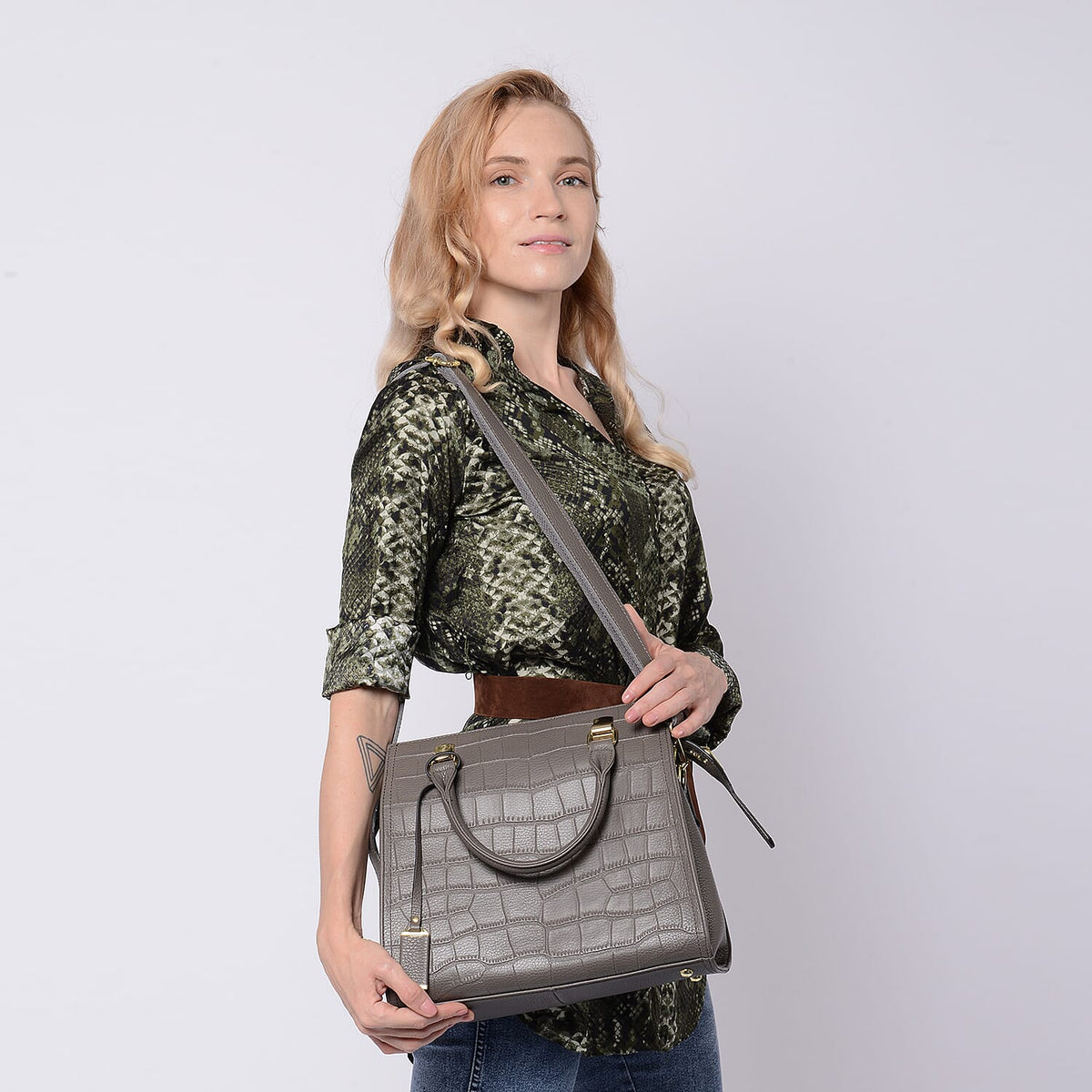La Marey 100% Genuine Leather Stone Embossed Pattern Convertible Bag with Shoulder Strap - Grey 7603353 2