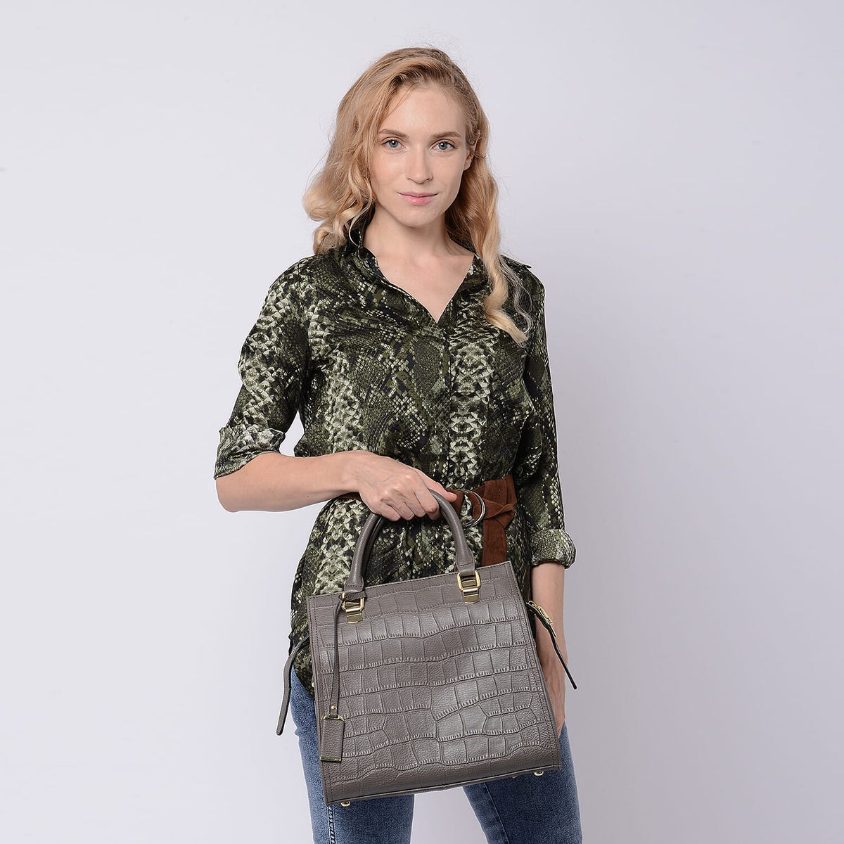 La Marey 100% Genuine Leather Stone Embossed Pattern Convertible Bag with Shoulder Strap - Grey 7603353 3