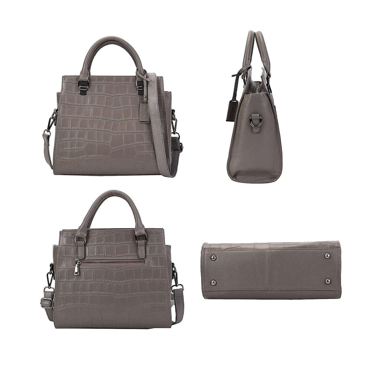 La Marey 100% Genuine Leather Stone Embossed Pattern Convertible Bag with Shoulder Strap - Grey 7603353 4