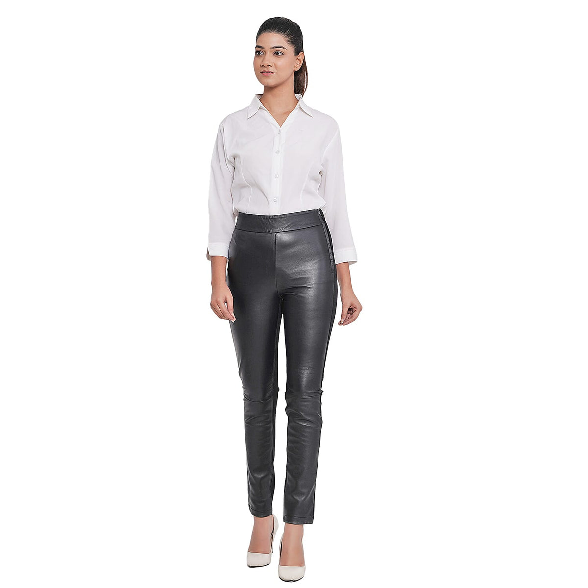 LA MAREY 100% Genuine Leather Women's High Waist Ponte Leggings  Black 7191063 0