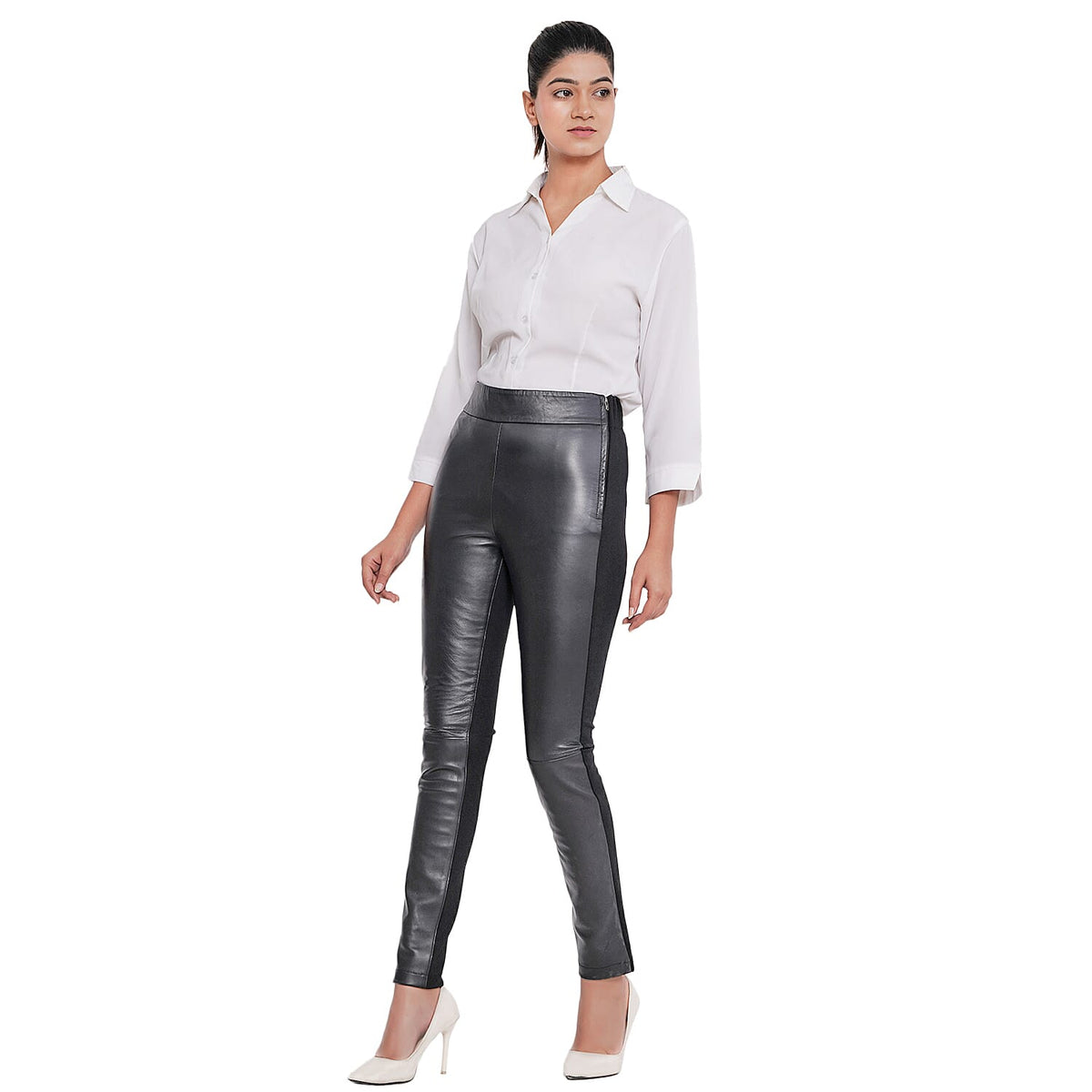 LA MAREY 100% Genuine Leather Women's High Waist Ponte Leggings  Black 7191063 2