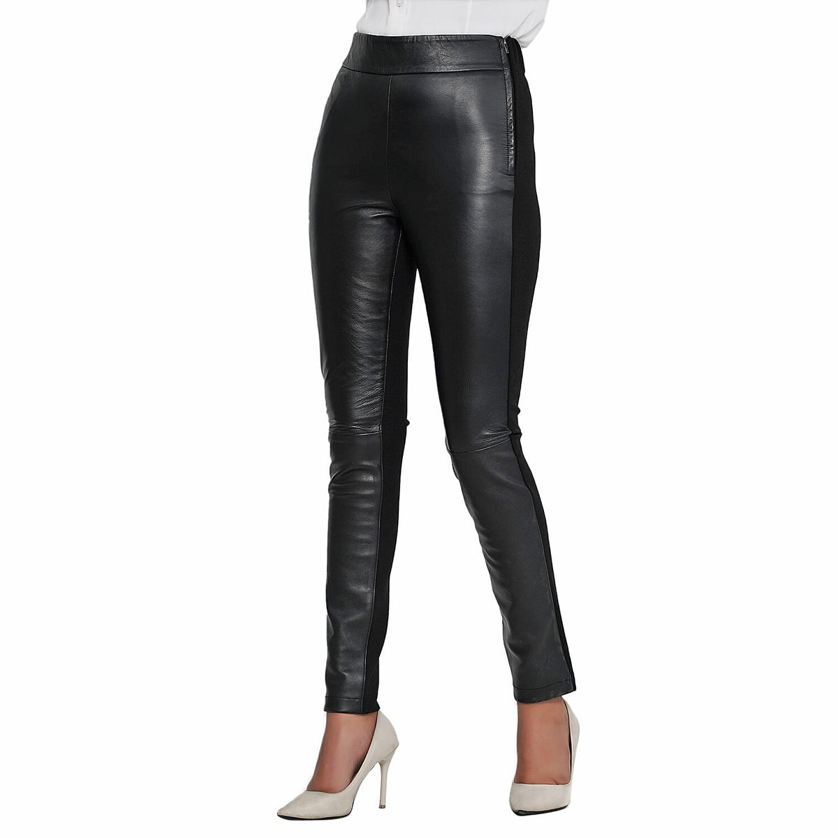 LA MAREY 100% Genuine Leather Women's High Waist Ponte Leggings  Black 7191063 3