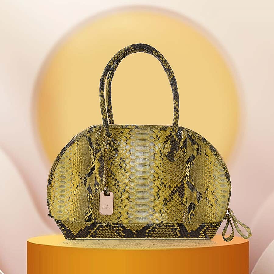 La Marey 100% Genuine Python Leather Snake Print Tote Bag with Zipper Closure - Mustard 6081969 1